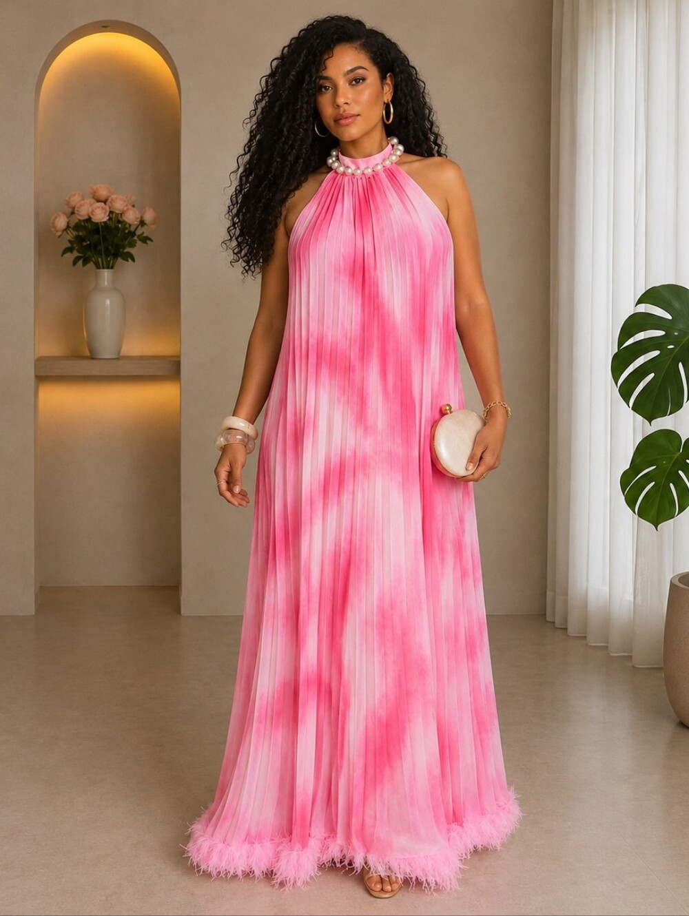 Pink Dye Pleated Feathers Maxi Dress with Pearls Neckline